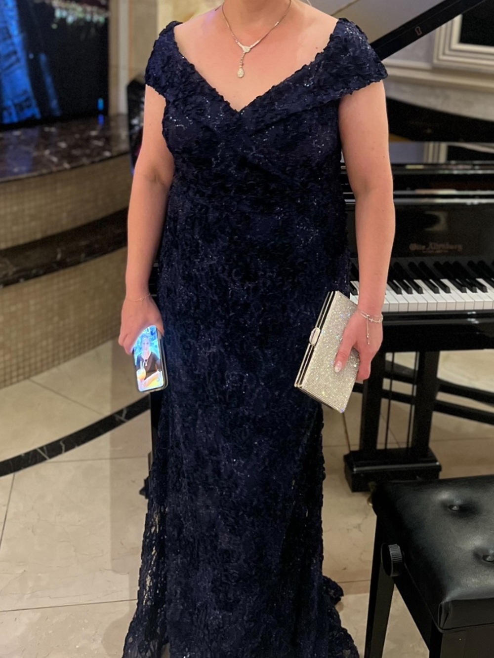 Xscape Navy Lace and Sequin Evening Dress
